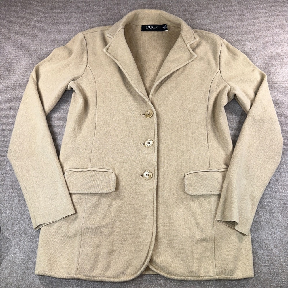 Lauren Ralph Lauren Tan Knit Blazer Sweater Jacket Beige 3-Button Medium